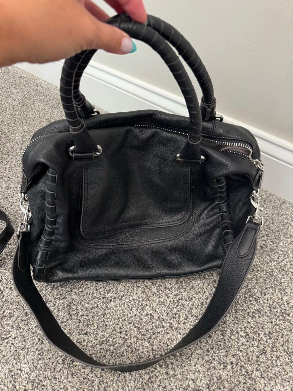 Aimee Kestenberg Black Pebbled Leather Satchel with Detachable Strap